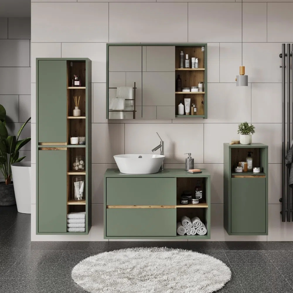 Vicco Set di mobili da bagno Viola, Verde/Artigianale, 100 cm, composto da mobile lavabo, pensile a specchio, colonna e base media
