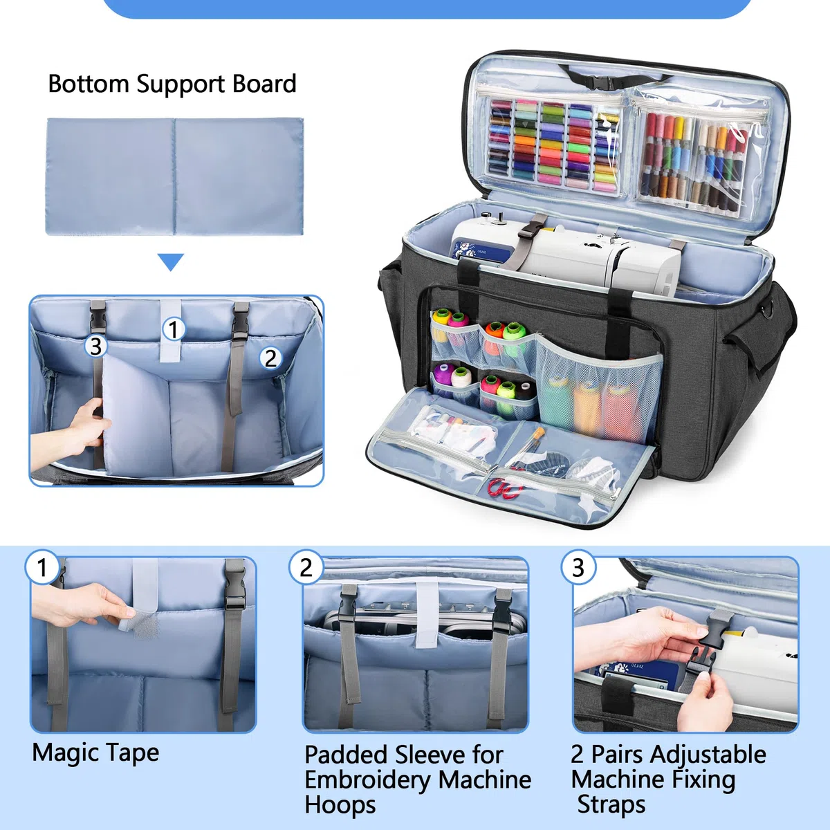 CURMIO Borsa da Trasporto per Macchine da Cucire per Ricamo con Ruote e Pannello di Supporto Inferiore, Adatto per i Corsi di Cucito, per la Conservazione in Casa, Grigio