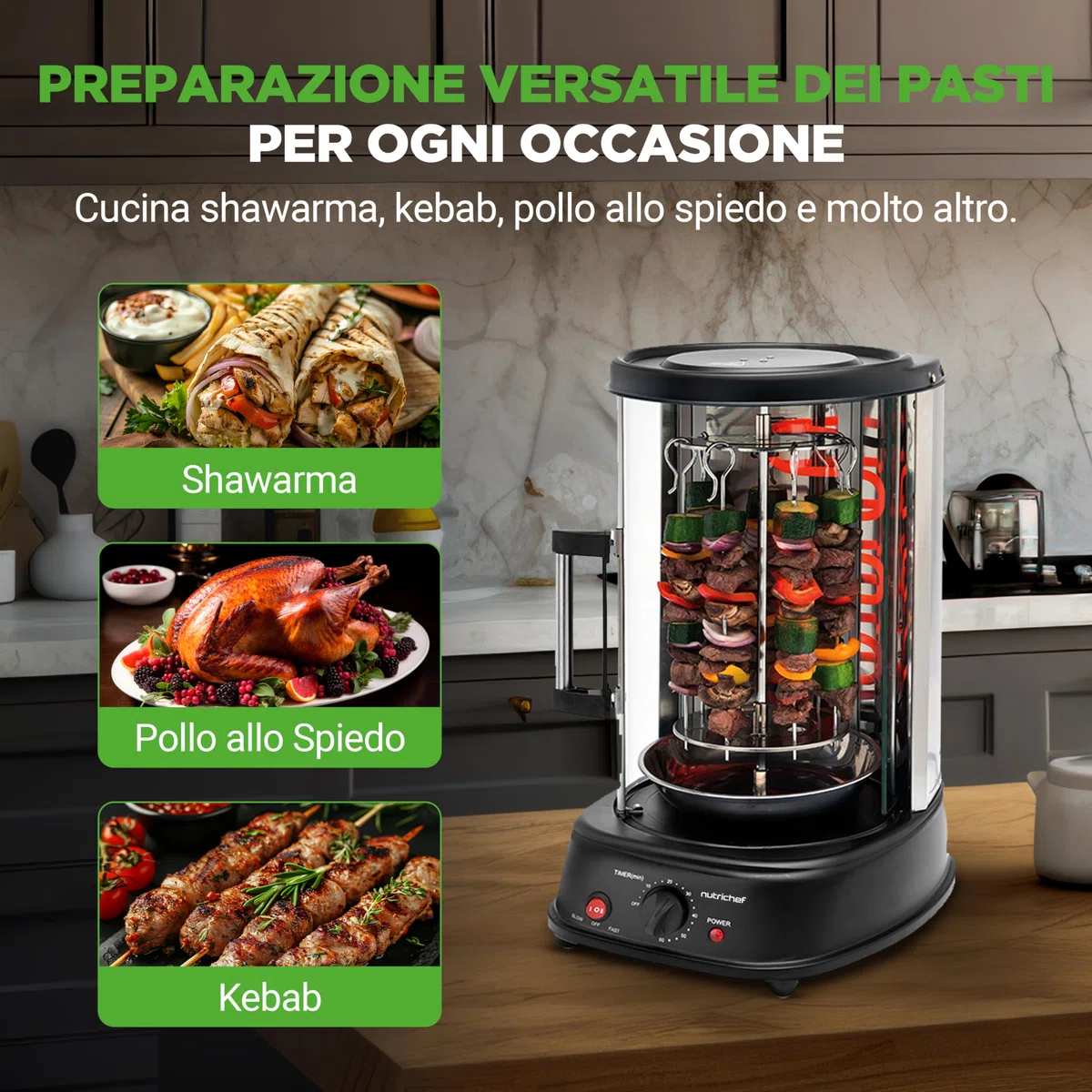 NutriChef Girarrosto Elettrico Forno Verticale 1500 Watt da Appoggio, per Kebab, Pollo Arrosto, Shawarma e Spiedini, con 7 Spiedi e Porta Resistente al Calore, per Casa e Cucina