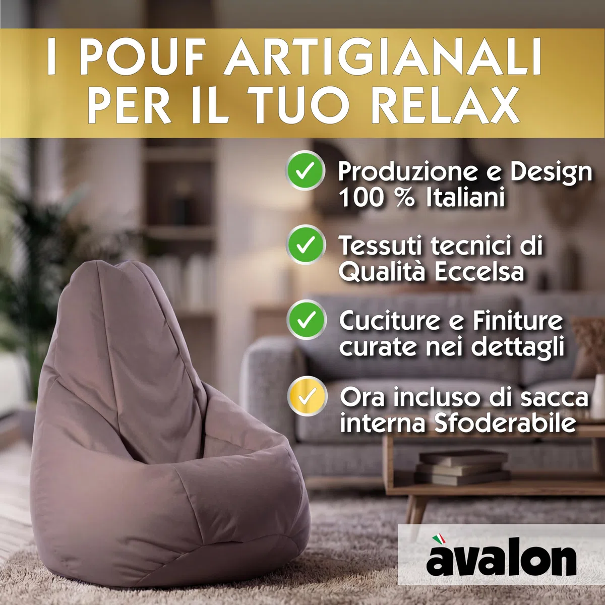 Avalon - Pouf Bambini Jive Deluxe Sfoderabile Super Resistente, Puff Poltrona per Sedersi Antimacchia, Pouf Sacco in Tessuto Antistrappo Impermeabile e Lavabile, Made in Italy(68x107cm-Blu Royal)