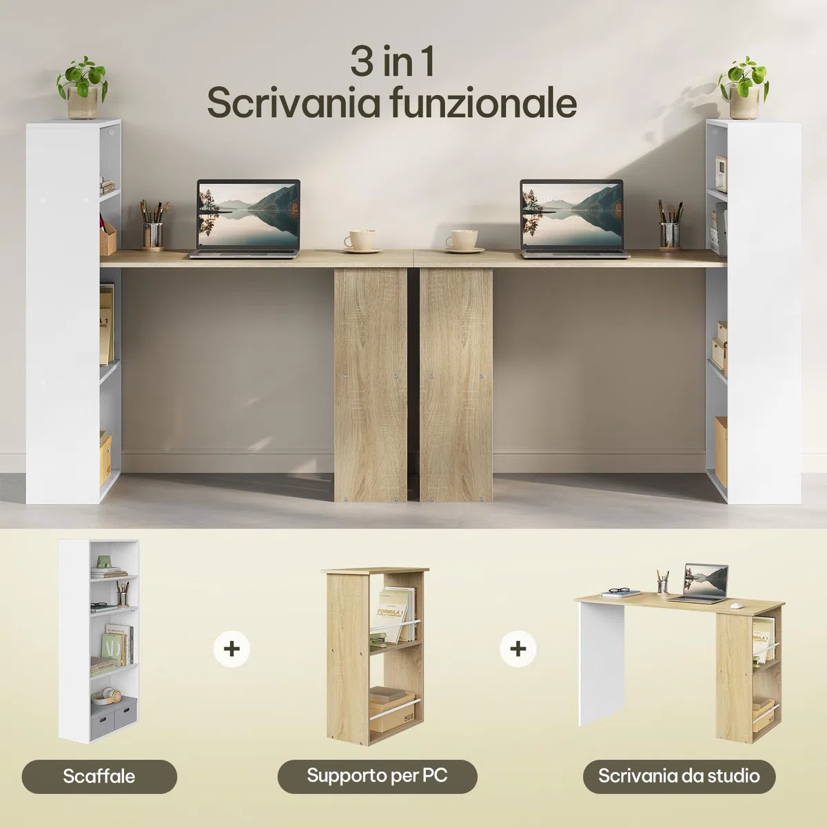 eSituro Scrivania Ufficio Compatta con Libreria Integrata - Design Salvaspazio per Studio/Camera, 120x55x122 cm, Bianco Lucido e Rovere Naturale