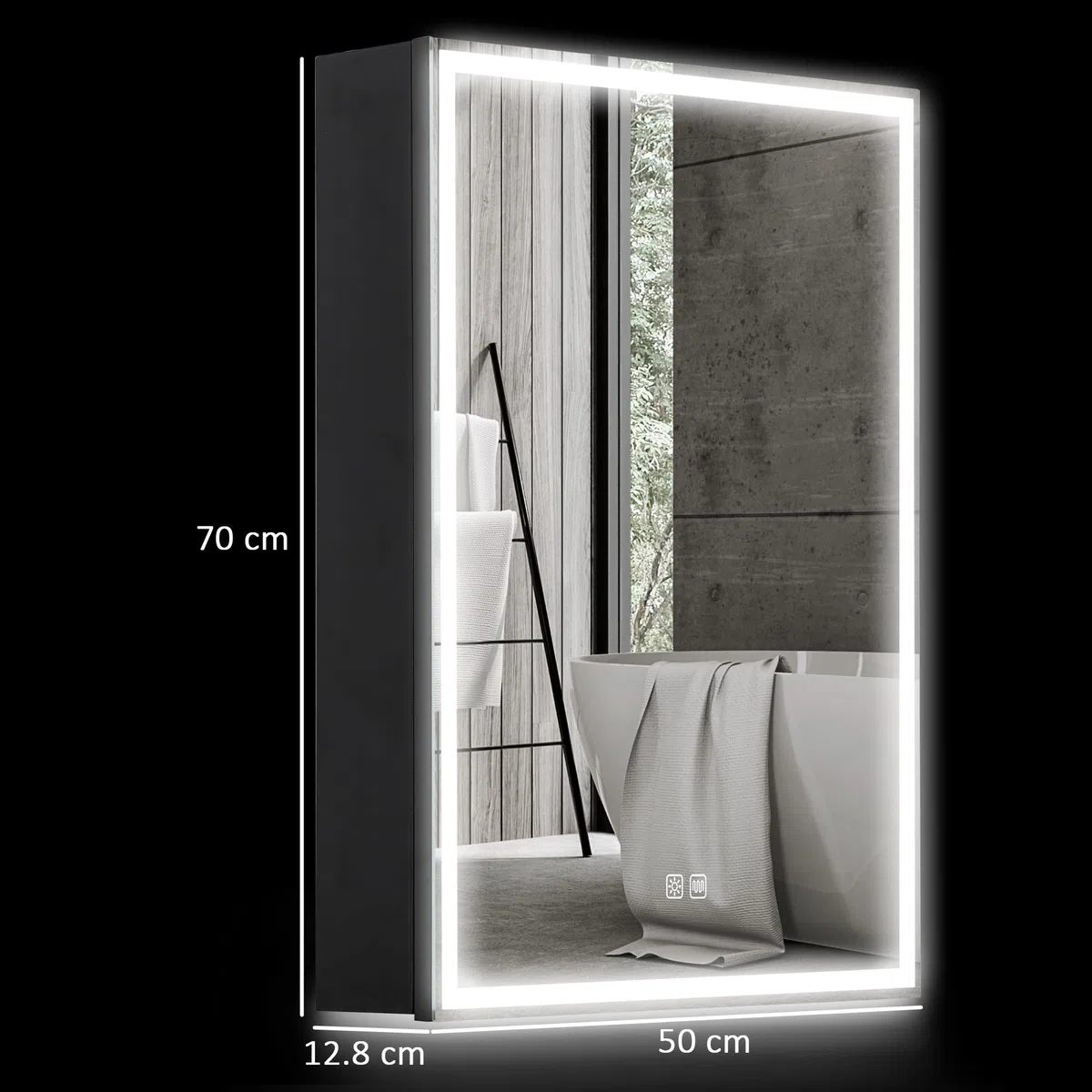 HOMCOM Armadietto a Specchio per Bagno con Luci LED e Presa per Rasoio, Armadietto a Parete con Specchio, Pad Anti-Appannamento, Dimmer, 3 Colori, Mobile da Bagno, Nero