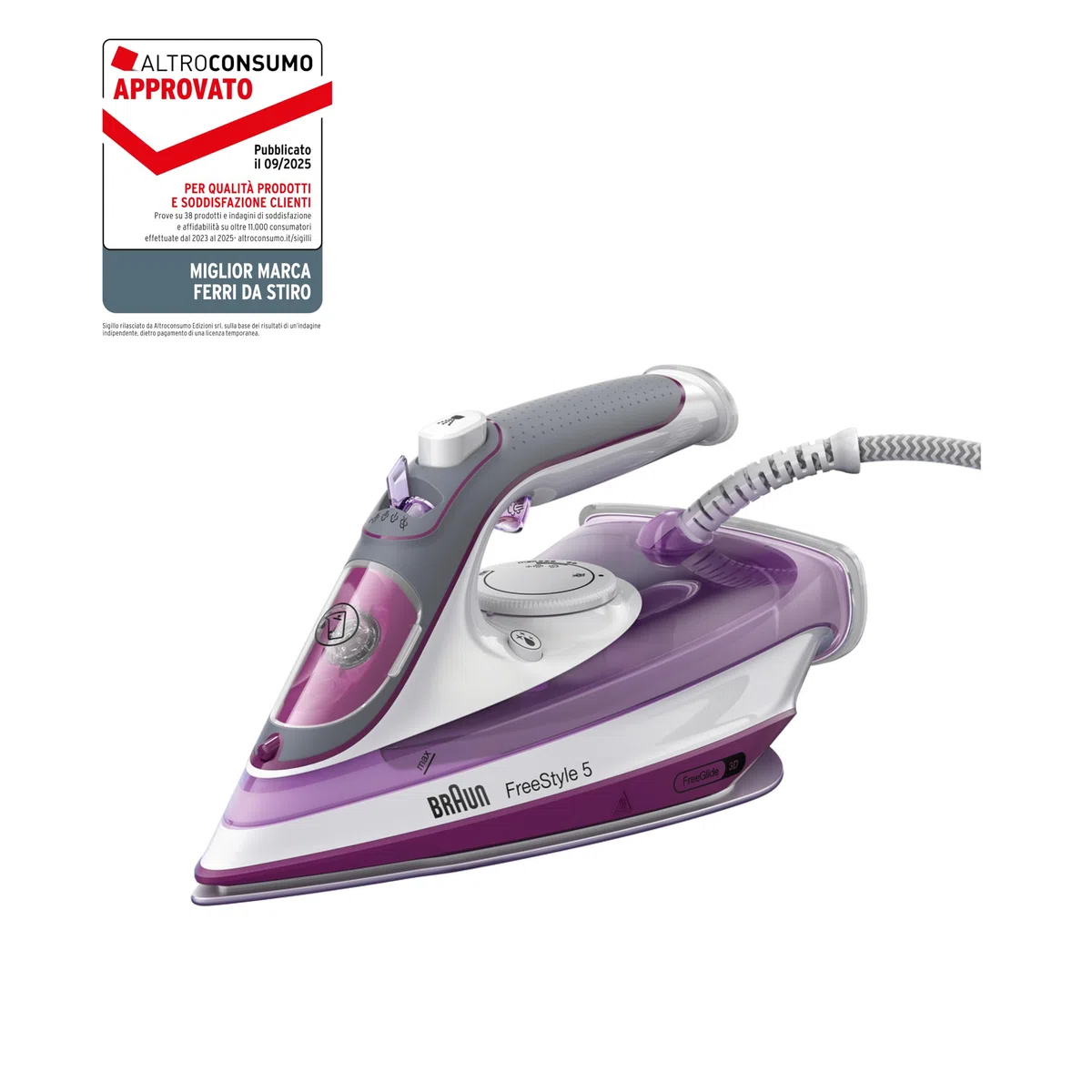 Braun TexStyle 5 SI5037VI, Ferro da Stiro con Piastra FreeGlide 3D SuperCeramic, Punta di Precisione, Manico Aperto Ergonomico, Ricarica 300ml, Efficienza Energetica, Sistema Antigoccia, 2700W, Viola