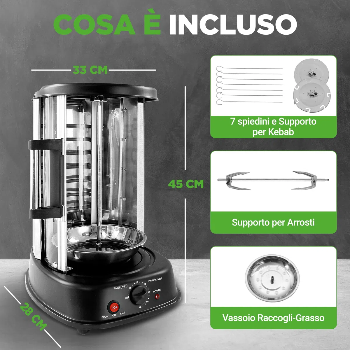 NutriChef Girarrosto Elettrico Forno Verticale 1500 Watt da Appoggio, per Kebab, Pollo Arrosto, Shawarma e Spiedini, con 7 Spiedi e Porta Resistente al Calore, per Casa e Cucina