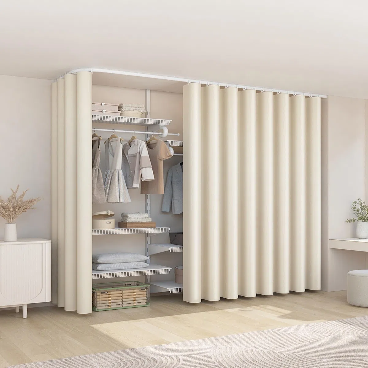 Tinta Unita Tenda Antipolvere per Scaffale Tenda per Cabina Armadio Privacy Ripple Piega con Binario Regolabile per Libreria Cucina Cabina Armadio(Beige,W 200 cm x H 270 cm)