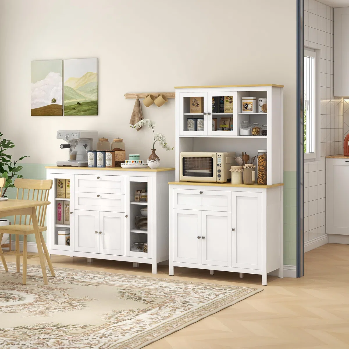 HOMCOM Credenza Cucina, Mobile Cucina con 2 Cassetti, 3 Armadietti, Piano d'Appoggio in Caucciù, Credenza Buffet con Ante a Vetro, Ripiani Regolabili, per Soggiorno Sala da Pranzo, 120x40x90cm, Bianco