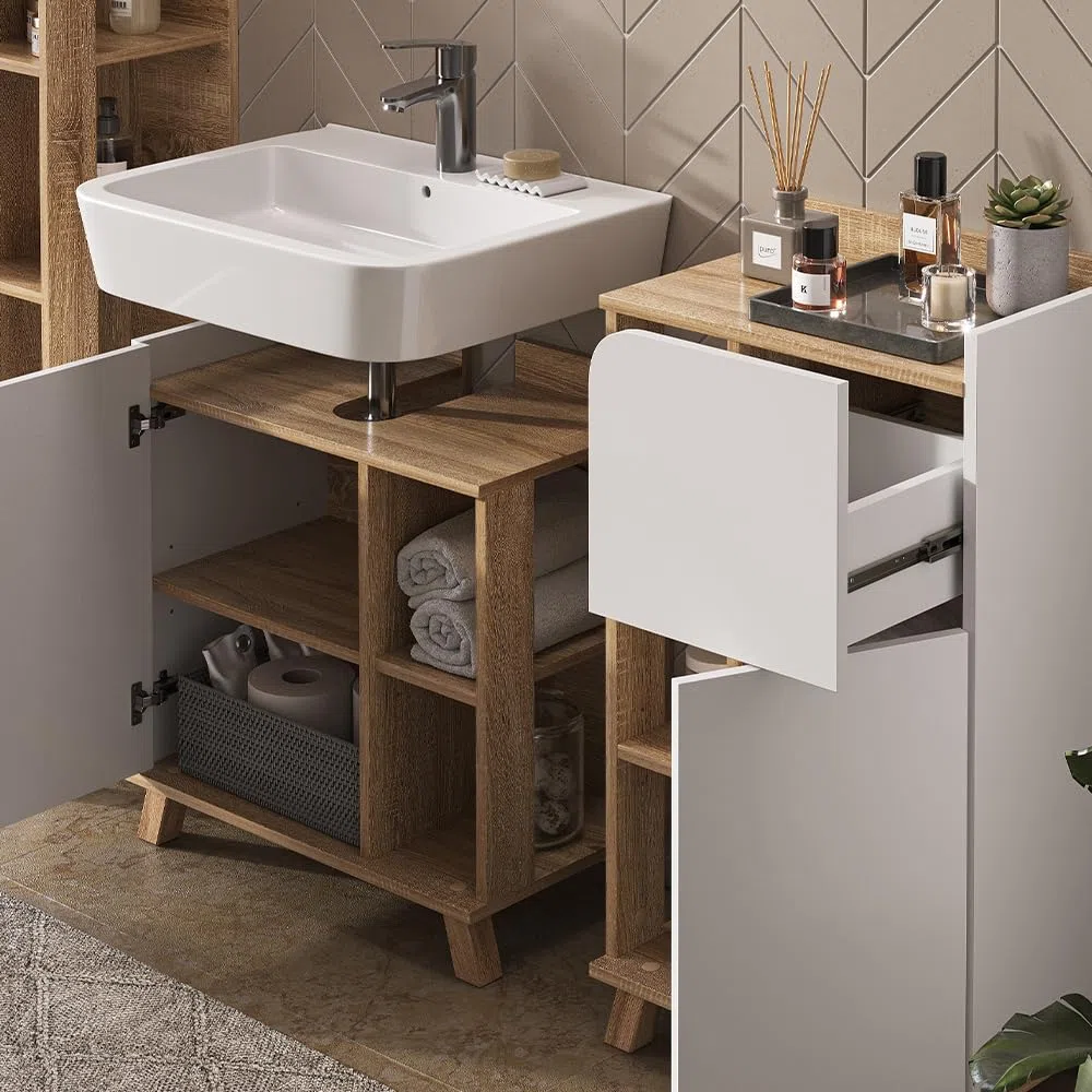 Vicco Set di mobili da bagno Karen, Sonoma/Bianco, 60 cm, composto da mobile lavabo, specchiera, armadietto, colonna e pensile