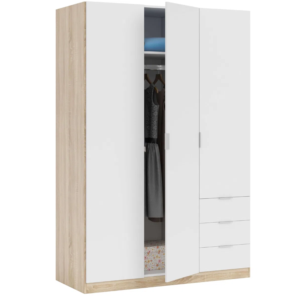 Armadio con tre ante e tre cassetti, finitura rovere canadese/bianco, dimensioni 121 cm (L) x 180 cm (A) x 52 cm (P)