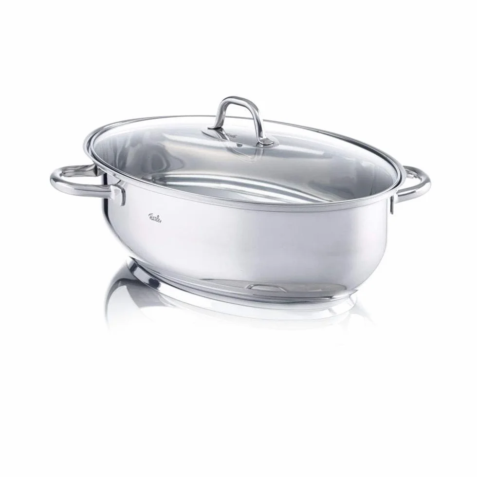 Fissler Rostiera Ovale Grande 8.8 L, Diametro 38 cm, Casseruola in Acciaio Inox, con Coperchio in Vetro, Lavabile in Forno E in Lavastoviglie, Compatibile Induzione