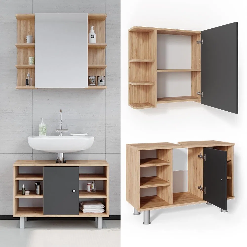 Vicco Set mobili bagno Fynn, Rovere dorato, 60 cm, composto da specchio da bagno e mobile sottolavabo