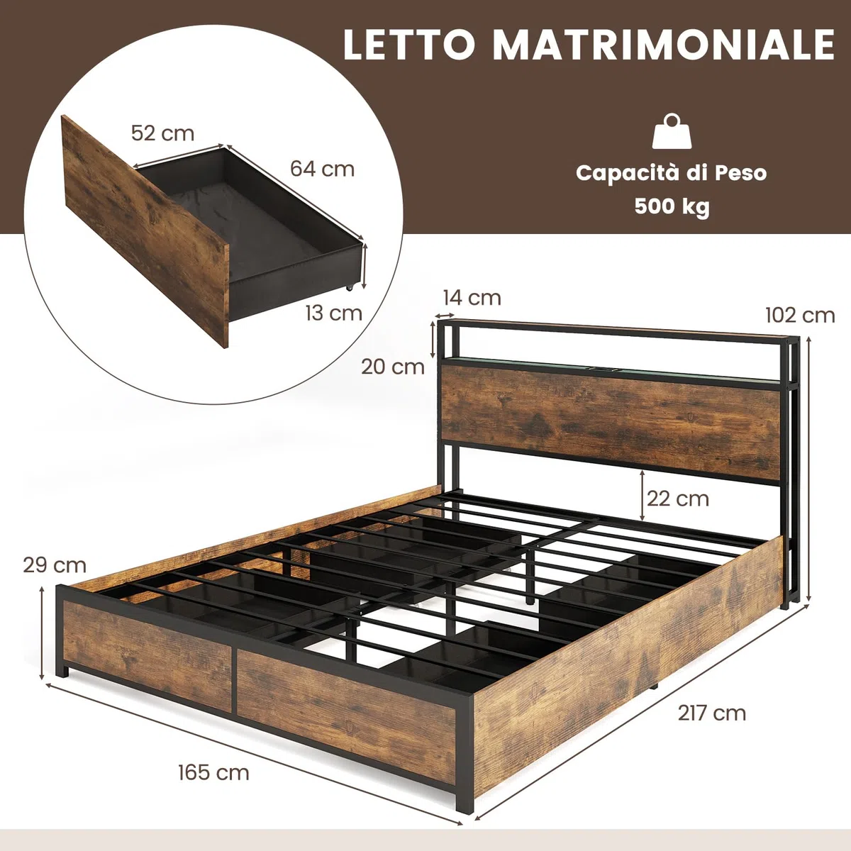 COSTWAY Letto Matrimoniale 160x200 cm, con 4 Cassetti e Testiera, Struttura Letto con Luci LED Regolabile e Presa Multipla, Carico Massimo 300kg, Silenzioso