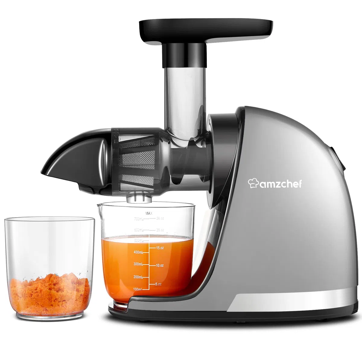 AMZCHEF Estrattore Frutta e Verdura - Estrattore a Freddo Pofessionale - Masticazione Delicata Non C'è Bisogno Di Filtrare - Estrattore Di Succo Senza BPA con Due Tazze e Pennello - Argento