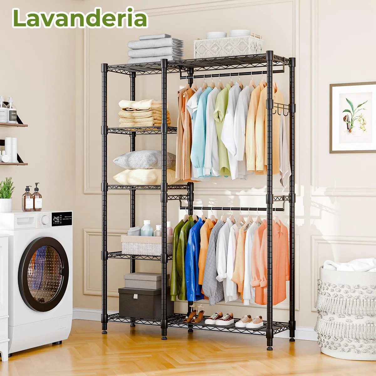 Himimi Appendiabiti stabile, aperto con doppio appendiabiti e 5 ripiani regolabili in altezza, in metallo, per camera da letto, corridoio, 114 x 44 x 195 cm, nero