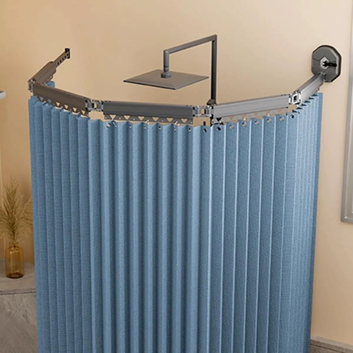 Tenda Doccia Angolare Antimuffa Tessuto in Lino - Tenda da Doccia Pieghevole con Asta Tenda Telescopica Doccia, Tende per Doccia Shower Curtain, Fissaggio a Ventosa