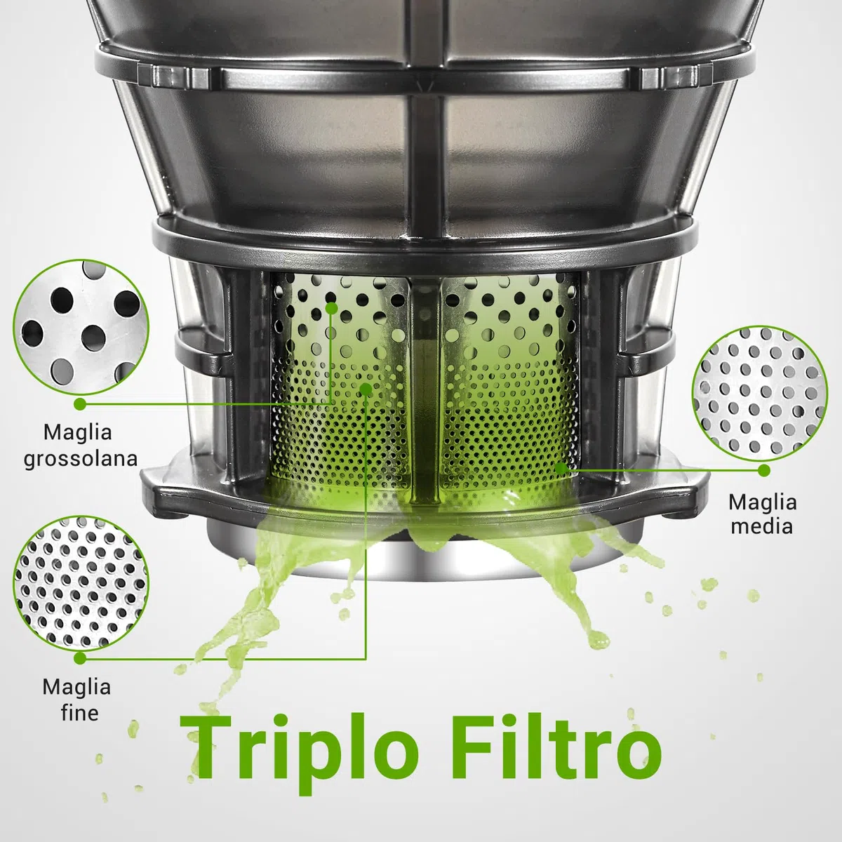 AMZCHEF Estrattore Automatico, Apertura 135MM e Capacità 1,8L Estrattore Frutta e Verdura Intera, 250W Estrattori di Succhi Professionale con Triplo Filtro - Argento