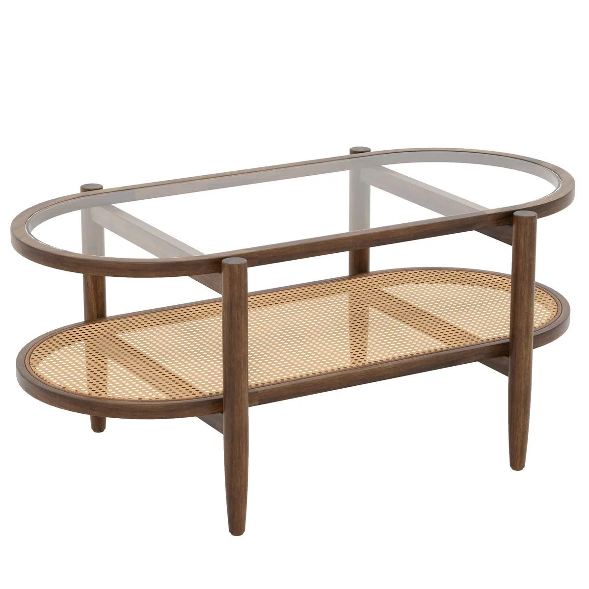 LIFEZEAL Tavolino Salotto, in Legno Massello e Vetro, Tavolino da Caffè, da Soggiorno, Moderno, Basso, Ovale, a 2 Ripiani, con Decorazione in Rattan, Max 90 kg, 102x46x47 cm, Marrone Rustico