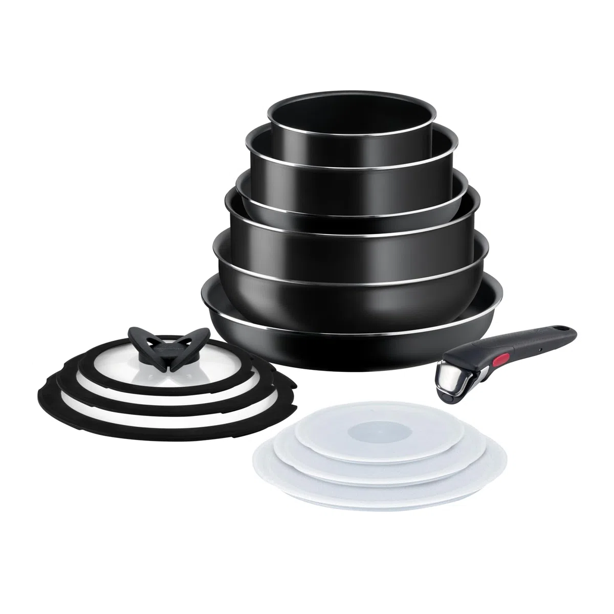 Lagostina Ingenio Easy Start Set 13 Pezzi, Set di Pentole in Alluminio per Gas e Forno, 2 Casseruole, 2 Padelle, un Tegame, un Wok, 3 Coperchi Vetro, 3 Coperchi Plastica, un Manico Removibile