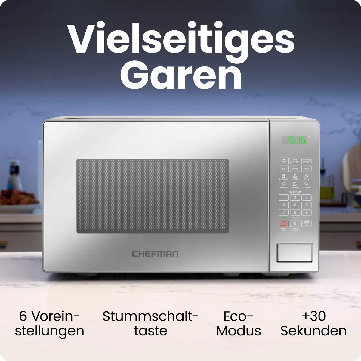 Chefman Microonde 20L 800W, 10 Livelli di Potenza, 6 Preset | display digitale, modalità eco, funzione memoria, silenzioso, sicurezza bambini
