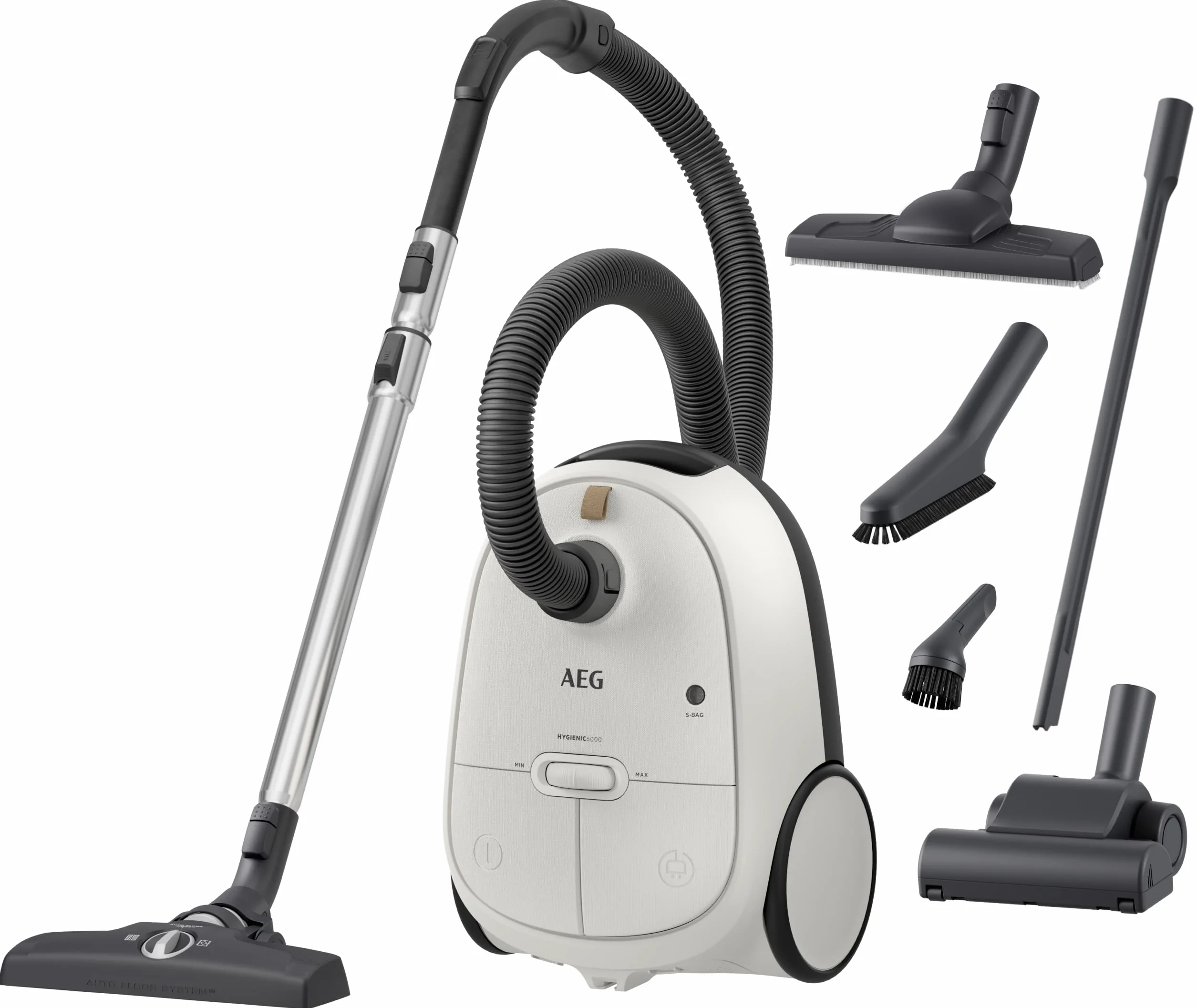 AEG AB61H6SW Aspirapolvere con sacchetto, elevata potenza di aspirazione su tutti i pavimenti, con ugelli aggiuntivi, 50% plastica riciclata, ideale per asmatici, persone allergiche, proprietari di