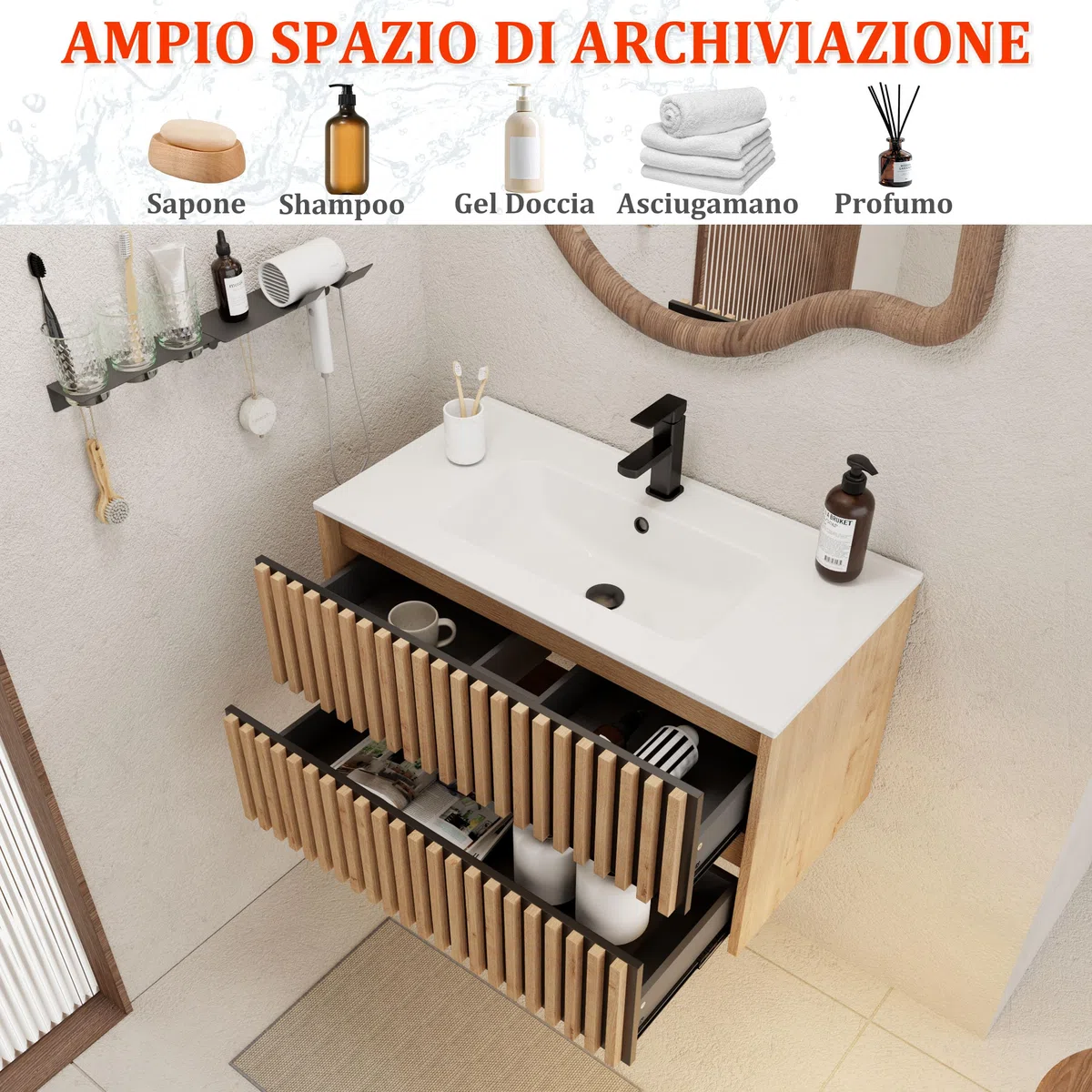 UEV Mobiletto Bagno Sospeso da 90CM con Lavabo in Ceramica, Mobiletti Lavabo Incluso con 2 Cassetti da Archiviazione, Lavadino Bagno con Mobile Moderno e Pratico, Bianco Avorio