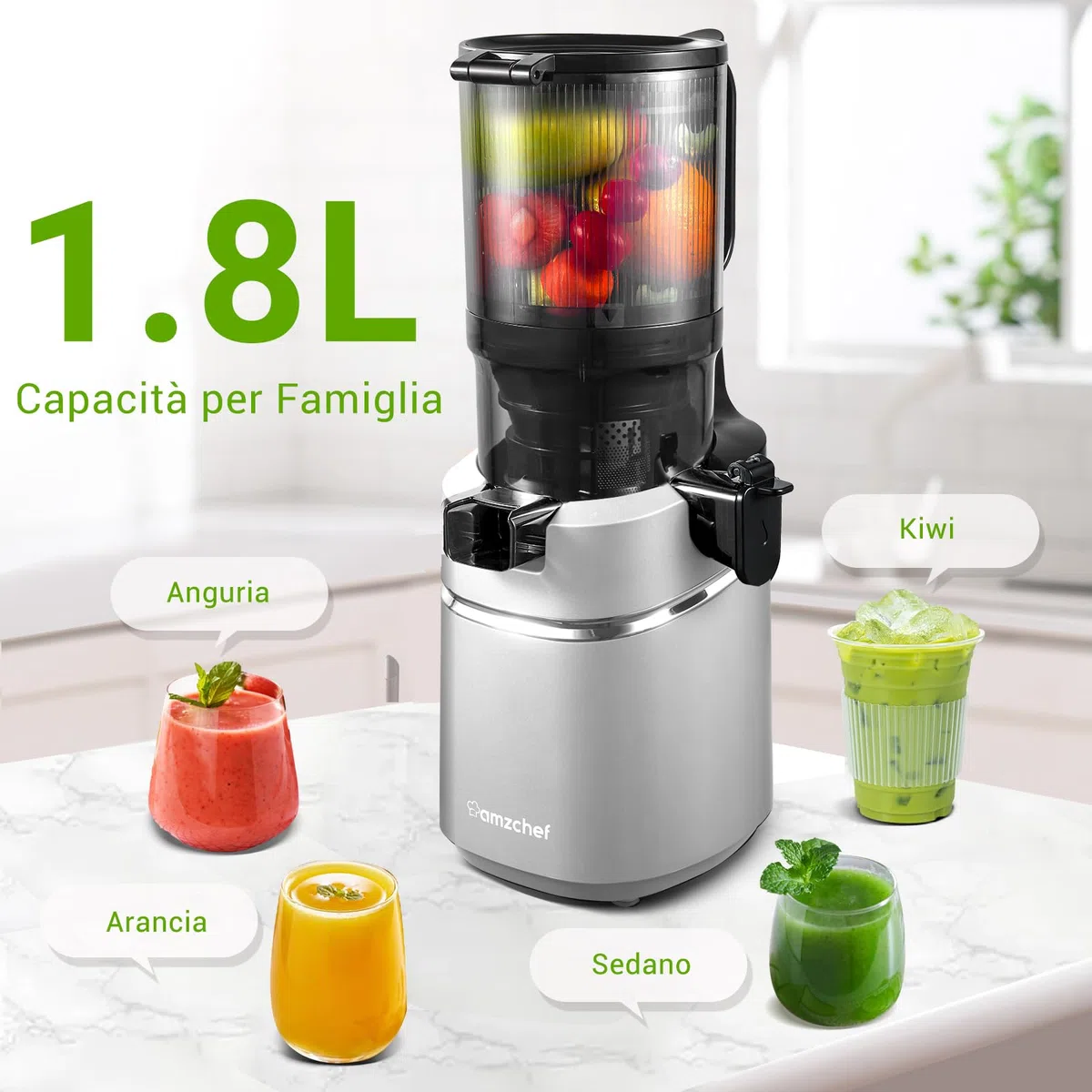 AMZCHEF Estrattore Automatico, Apertura 135MM e Capacità 1,8L Estrattore Frutta e Verdura Intera, 250W Estrattori di Succhi Professionale con Triplo Filtro - Argento