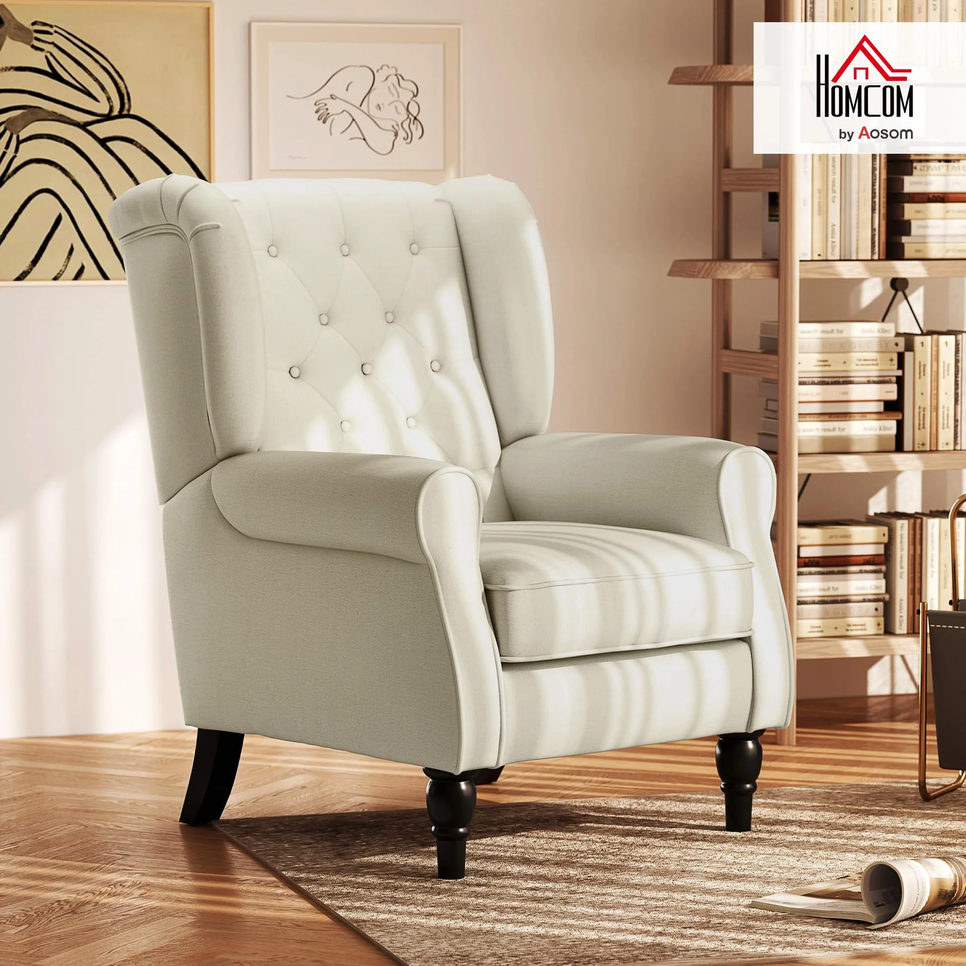 HOMCOM Poltrona per Salotto in Stile Francese con Ampia Seduta, Poltroncina in Tessuto con Gambe in Legno e Cuscino, 74x86x102 cm, Bianco