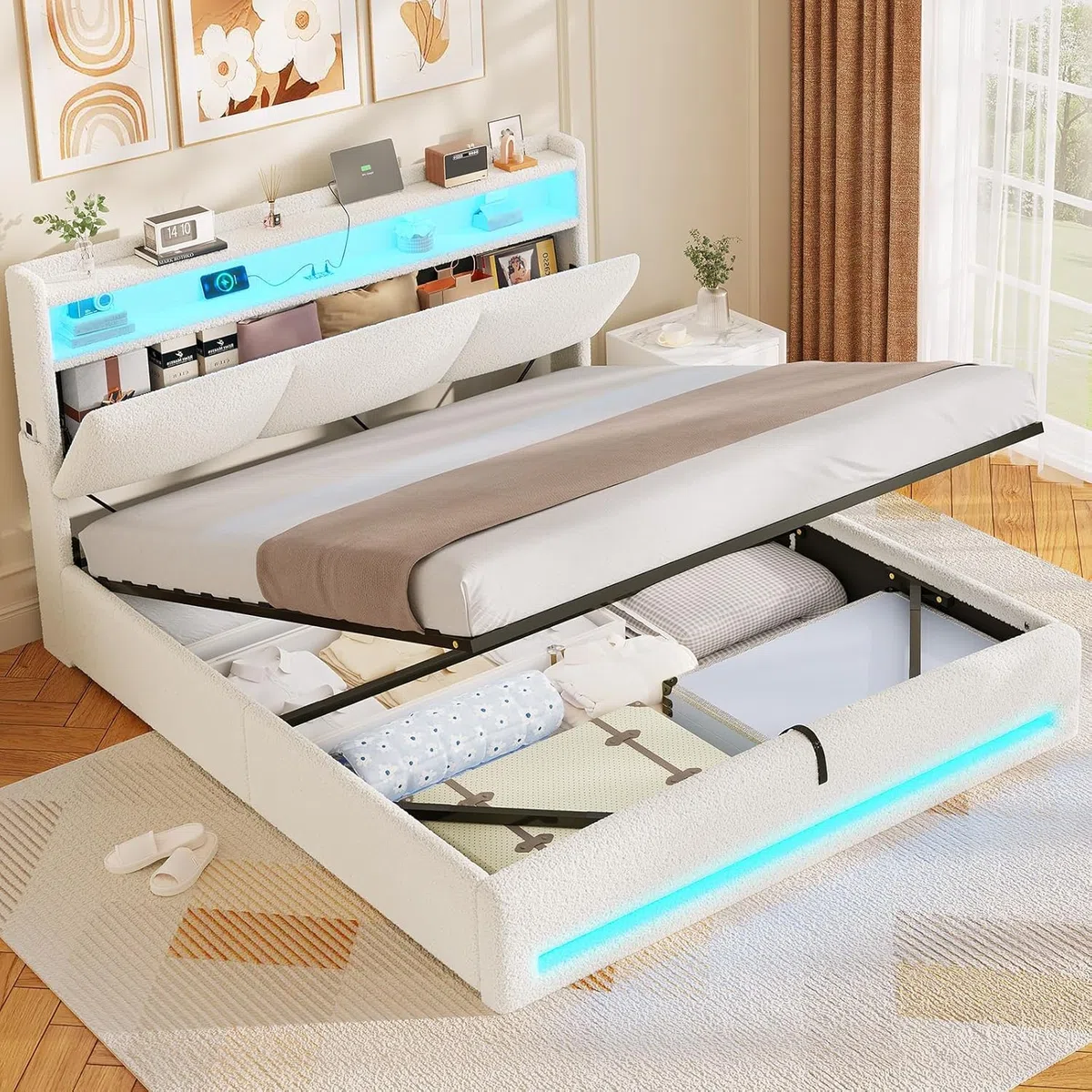 AGOLLATI Letto Contenitore Matrimoniale, Letto 140 x 200 cm con Illuminazione a LED e Stazione di Ricarica, Letto Matrimoniale con Sollevamento Idraulico e Testiera Imbottita, Beige (Teddy Fleece)