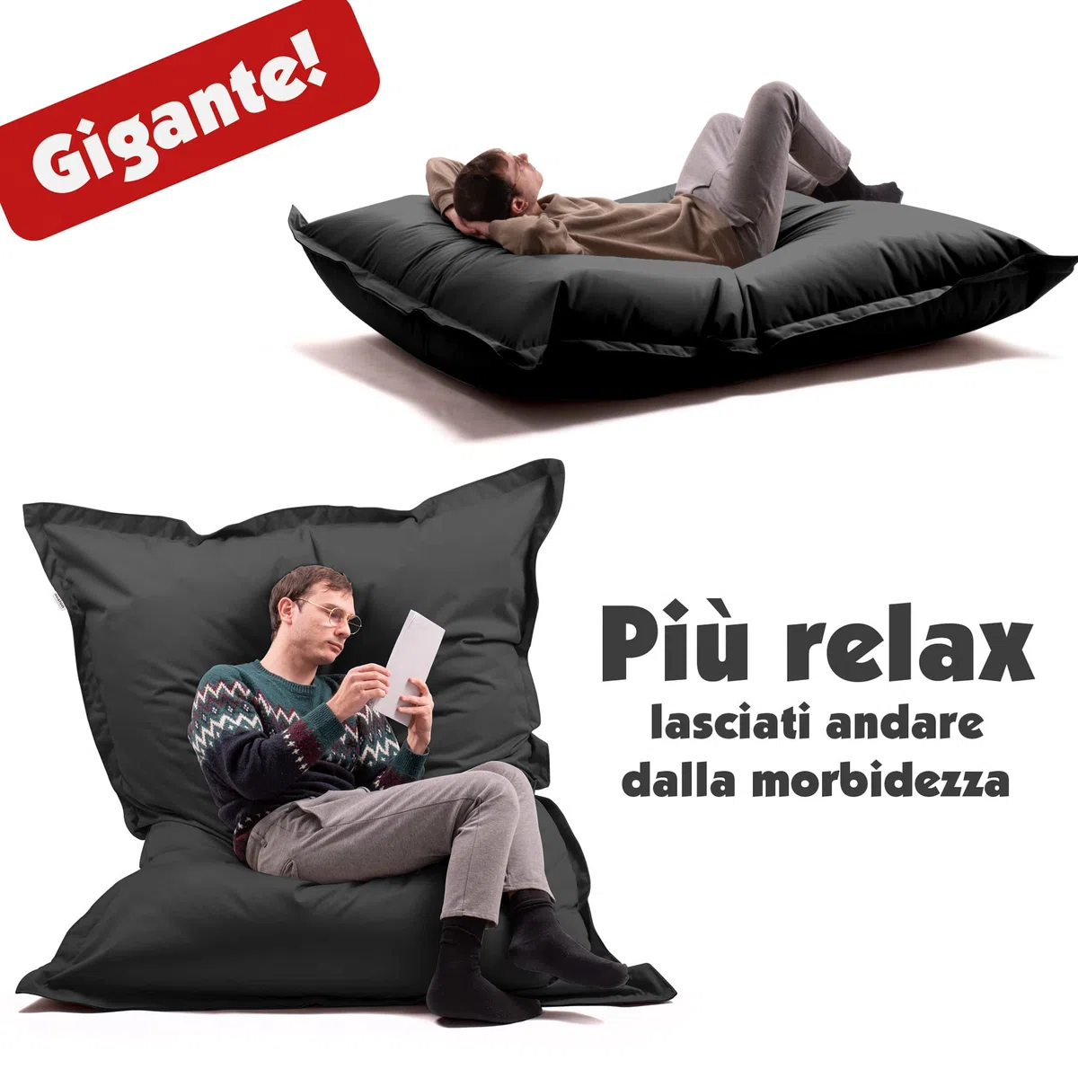 Avalon - Puff Poltrona Sacco Cuscino Gigante Thin 600L Deluxe Sfoderabile, Pouf Sacco Sartoriale, Bean Bag Tessuto Antistrappo/Impermeabile con Sacca Interna, Made in Italy (200x140cm-Nero)