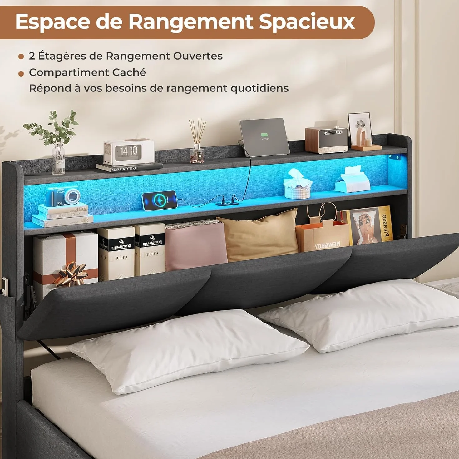 AGOLLATI Letto Contenitore Matrimoniale, Letto 140x190 cm con Illuminazione LED e Stazione di Ricarica, Letto Matrimoniale con Sollevamento Idraulico, Testiera Imbottita con Contenitore, Grigio Scuro