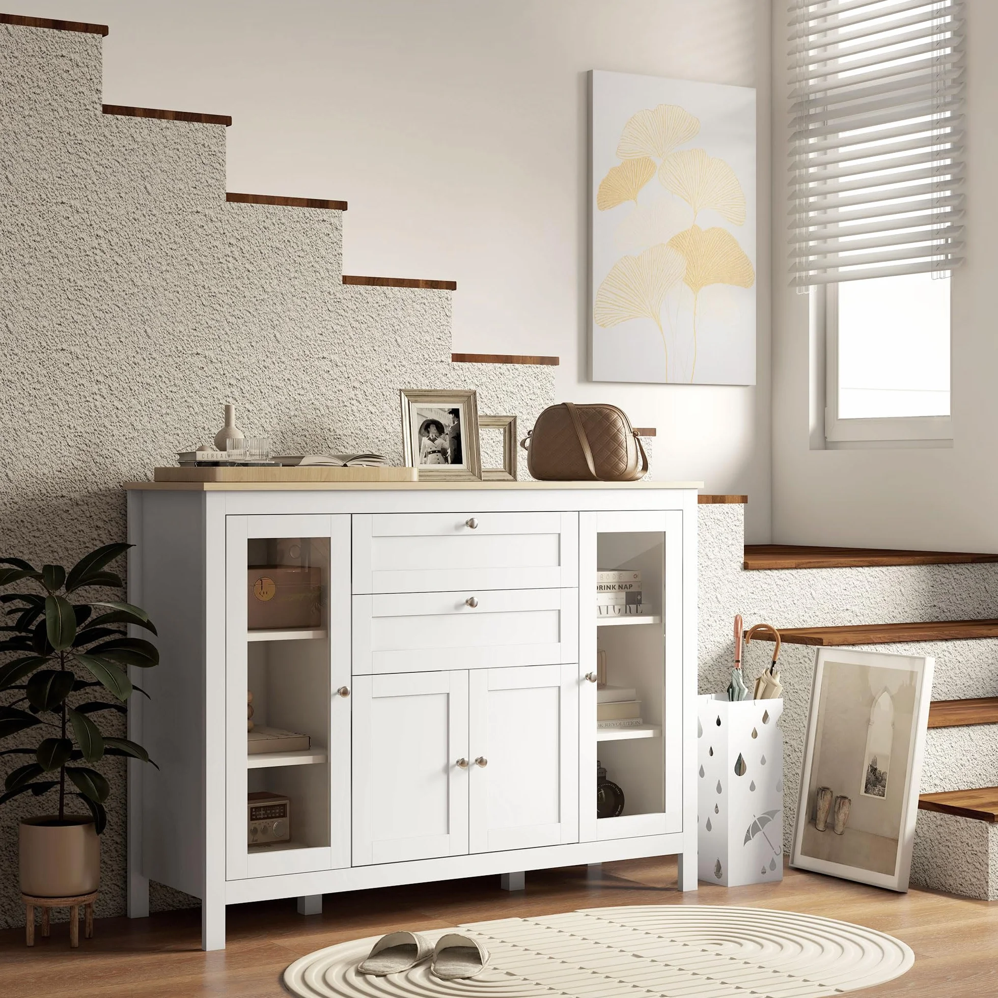 HOMCOM Credenza Cucina, Mobile Cucina con 2 Cassetti, 3 Armadietti, Piano d'Appoggio in Caucciù, Credenza Buffet con Ante a Vetro, Ripiani Regolabili, per Soggiorno Sala da Pranzo, 120x40x90cm, Bianco