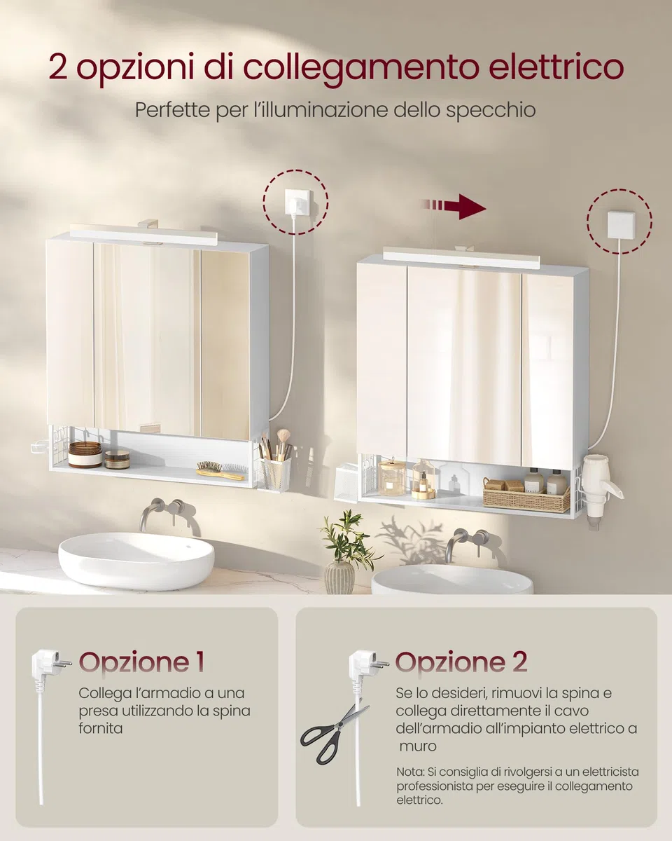 VASAGLE Mobile da Bagno con Illuminazione LED, 16,5 x 70 x 75 cm, Cestino Sospeso, Supporto per Asciugacapelli, per Lavabo, Bianco Nuvola BBK126W01