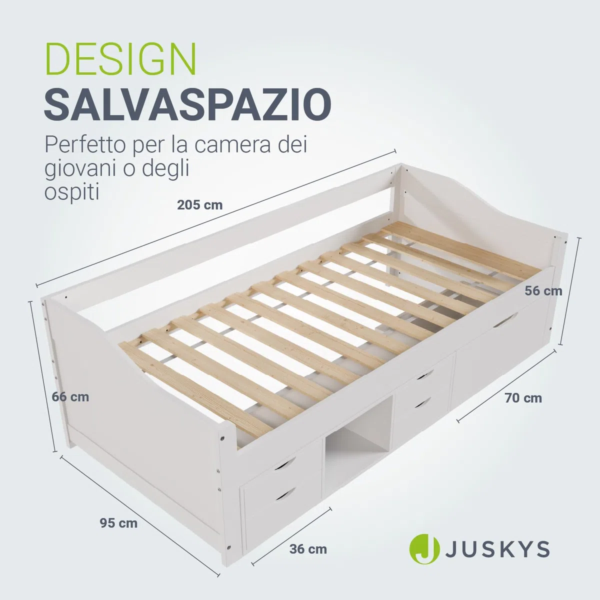 Juskys Letto per bambini 90x200 con cassetti e rete a doghe – letto in legno massiccio di pino con contenitore – letto singolo per bambina e bambino – bianco