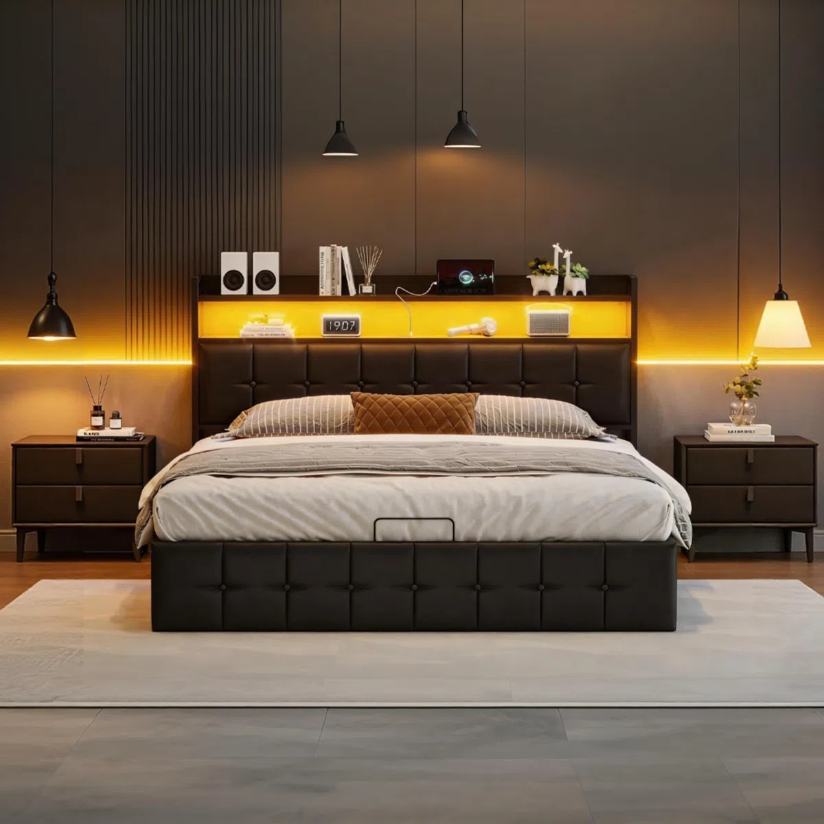 Letto matrimoniale con contenitore 160x200 con LED e USB, Letto imbottito 160x200 con contenitore idraulico, letto funzionale,Struttura letto con ripostiglio testiera e rete a doghe,PU