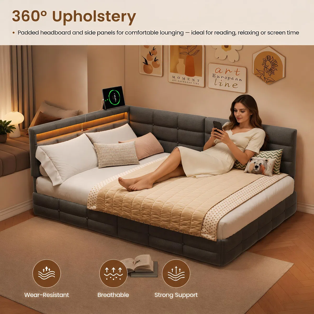 BRILVERDE Letto Contenitore 140x190 con Cassetti, Letto imbottito con luce LED/USB, Divano letto con Testiera contenitore, con Rete a Doghe, Lino(Grigio, 140 x 190 cm)