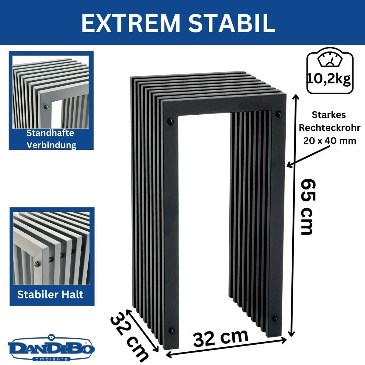 DanDiBo Sgabello a doghe in metallo, nero, base rettangolare, 65 cm, massiccio, moderno, con doghe (altezza 65 cm/L)