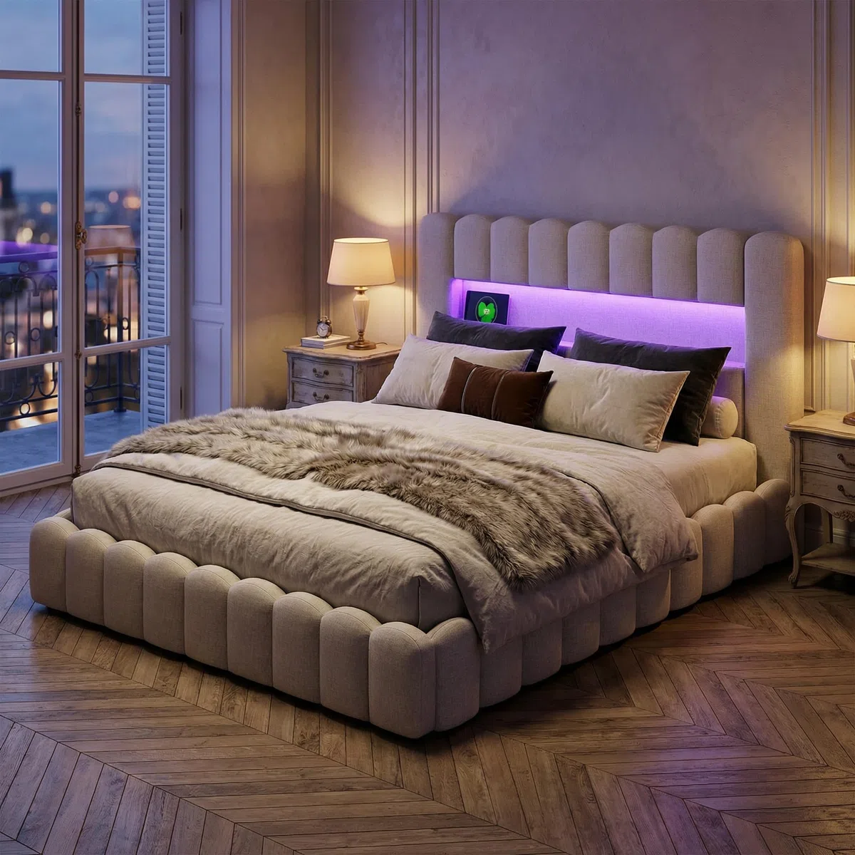 BRILVERDE Letto imbottito 180x200,Letto matrimoniale con contenitore,Testiera con illuminazione a LED e ricarica USB, con rete a doghe, Beige, lino, materasso non incluso