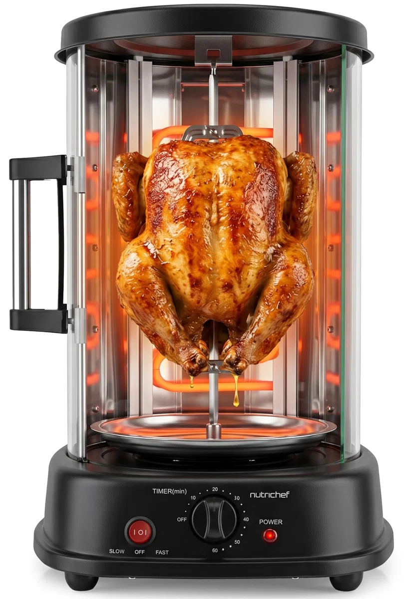 NutriChef Girarrosto Elettrico Forno Verticale 1500 Watt da Appoggio, per Kebab, Pollo Arrosto, Shawarma e Spiedini, con 7 Spiedi e Porta Resistente al Calore, per Casa e Cucina