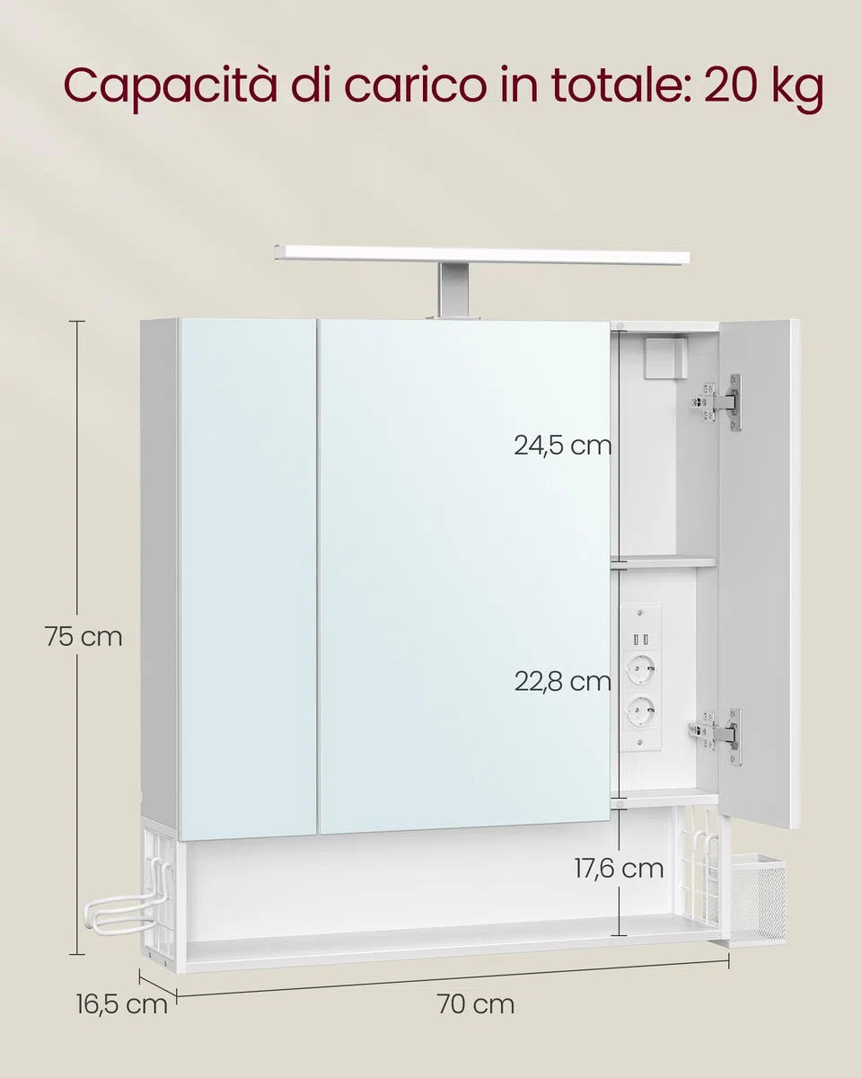 VASAGLE Mobile da Bagno con Illuminazione LED, 16,5 x 70 x 75 cm, Cestino Sospeso, Supporto per Asciugacapelli, per Lavabo, Bianco Nuvola BBK126W01