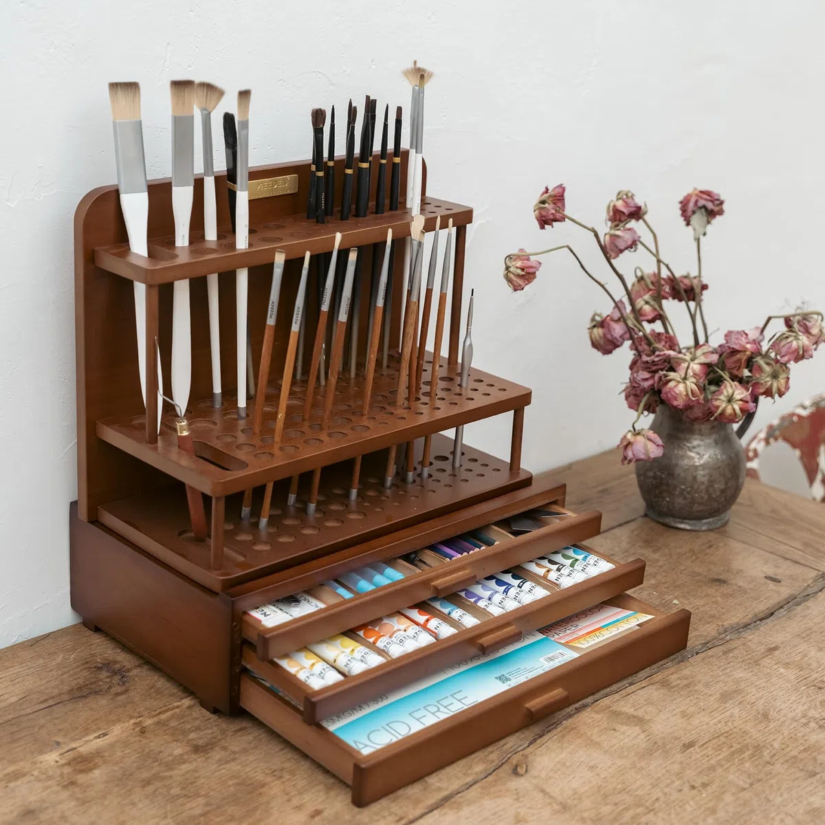 MEEDEN PRO Support per Pennelli: Organizzatore in legno a 2 livelli per pennelli da pittura - Supporto per pennelli ad alta capacità - Raccoglitore per forniture artistiche per scrivania