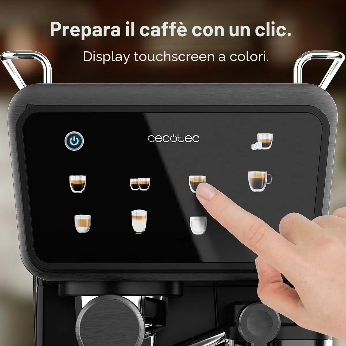 Cecotec Macchine da Caffè Espresso Semiautomatiche Power Espresso Touch ColdBrew Latte. 1350W, 20 Bar, Freddo, Tiepido, Caldo, Schermo Tattile, Serbatoio Acqua 1.5L, Latte 500ml, Doppio Braccio