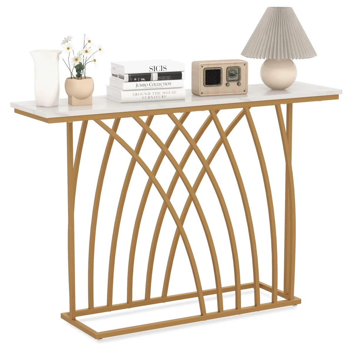 LIFEZEAL Tavolo Console Moderno, Effetto Marmo, Tavolo d’Ingresso, Telaio in Metallo, Piedini Regolabili, Salvaspazio, Corridoio, Soggiorno, Entrata, Max 20kg, 120x30x80cm, Oro