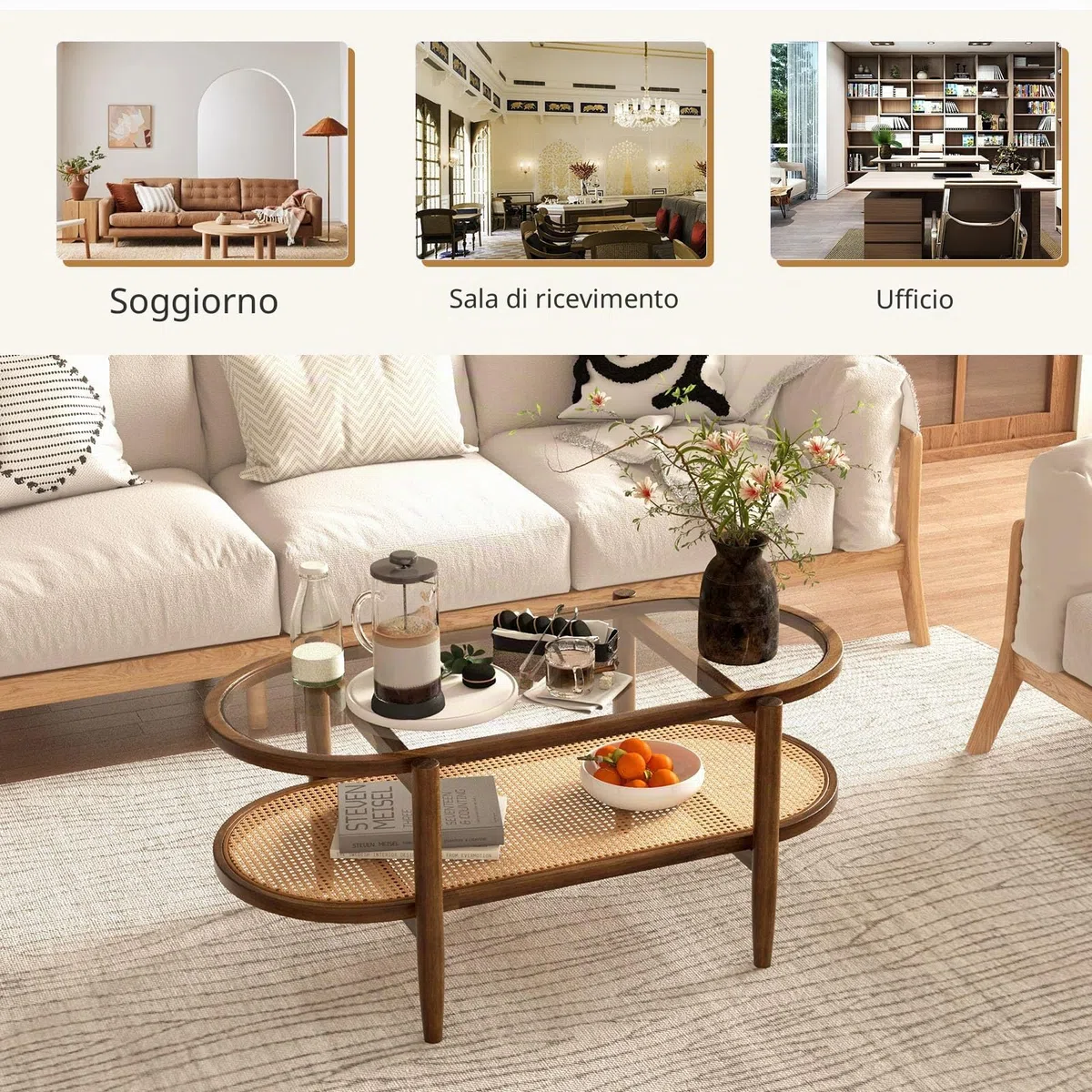 LIFEZEAL Tavolino Salotto, in Legno Massello e Vetro, Tavolino da Caffè, da Soggiorno, Moderno, Basso, Ovale, a 2 Ripiani, con Decorazione in Rattan, Max 90 kg, 102x46x47 cm, Marrone Rustico