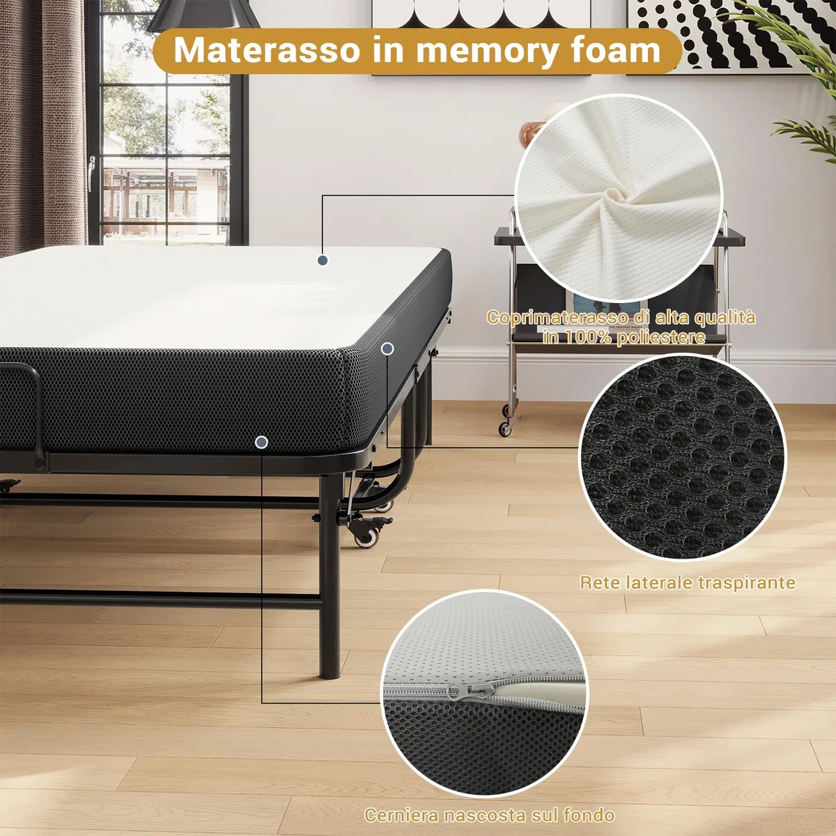 Brinlawb Brandina Pieghevole con Materasso Spesso 10 cm, 90 x 200 cm Letto Pieghevole Singolo con Materasso Letto per Ospiti con Struttura in Robusta Metallo e 4 Ruote Letto a Scomparsa, Fino a 200 kg