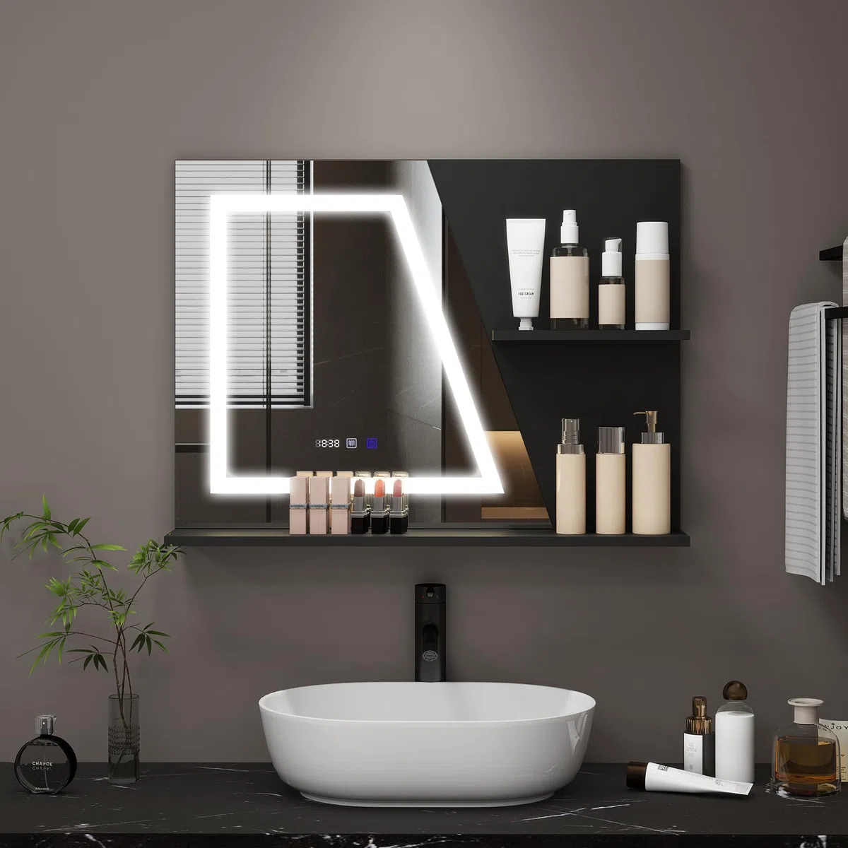 YU YUSING Specchio Bagno LED 80x60 cm con 2 Ripiani, Specchio da Parete con Led, 3 Colori, Luce Regolabili, Contro Touch, Display dell'Ora e Temperatura, Antiappannamento, IP44, Moderno, Nero