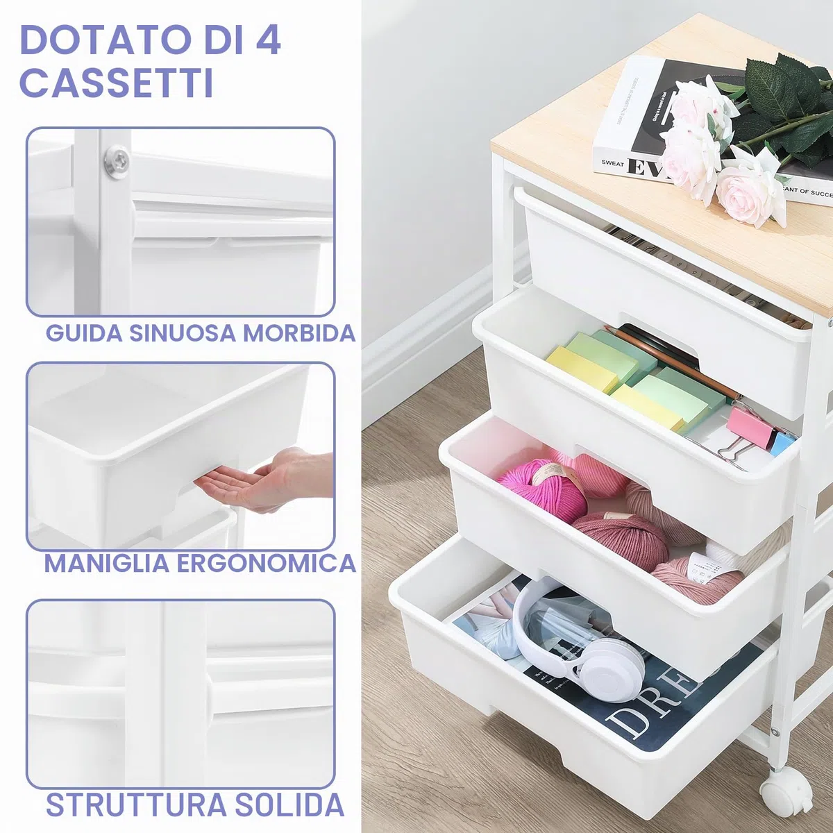 SYKIARIOL Carrello portaoggetti a 4 cassetti su ruote con piano tavolo in legno, per cucina, soggiorno, camera da letto, movimento semplice, grande capacità, 4 cassetti, bianco