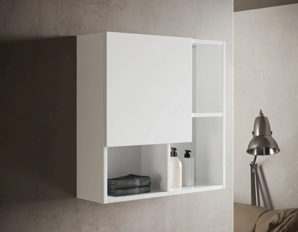 Mama Store Pensile Arredo con Anta Asimmetrica, Bianco Lucido Laccato, L.71 x P.22 x H71 CM