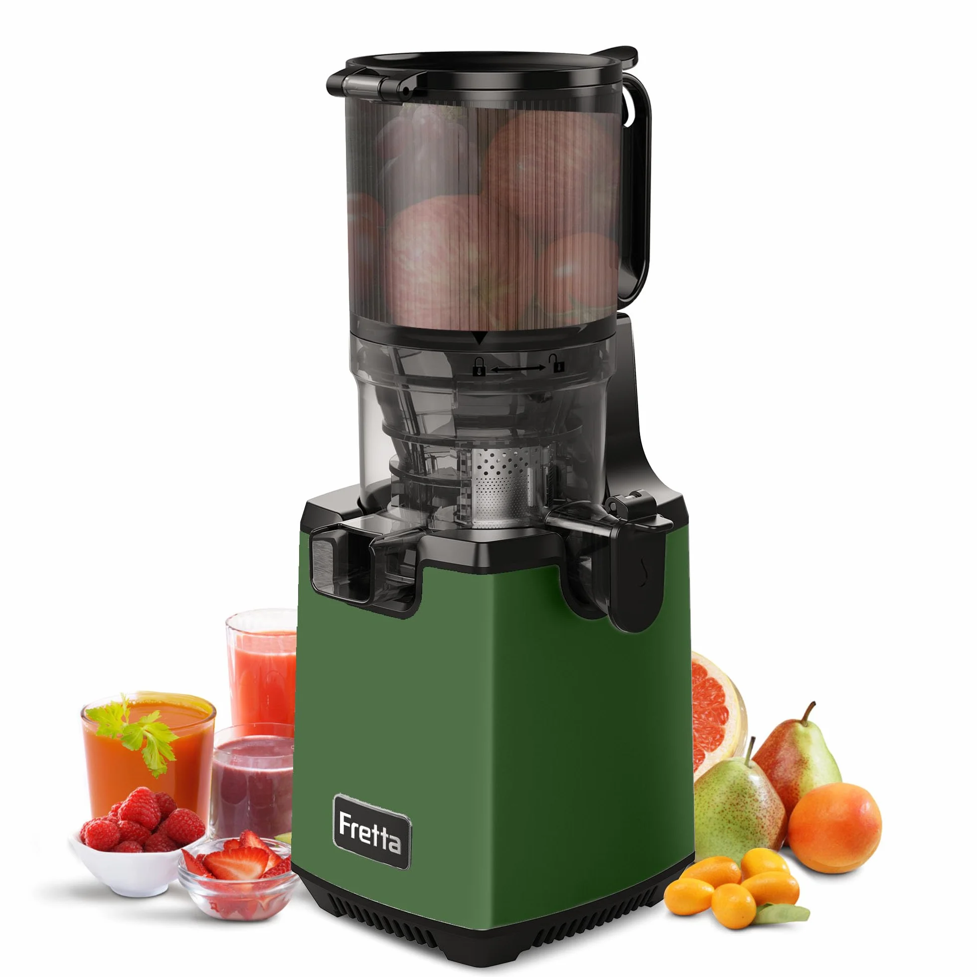 Fretta Estrattore di succo a masticazione lenta 250 W, tecnologia a pressione a freddo per succo ricco di sostanze nutritive, ampio scivolo 135 mm, facile da pulire, senza BPA (Verde)