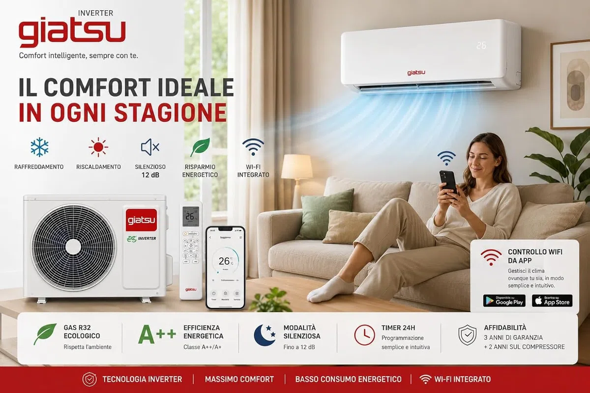 Condizionatore 9000 BTU Inverter WiFi GIATSU Sakura B – Climatizzatore Silenzioso Caldo/Freddo Pompa di Calore A++/A+ con Gas R32, Modalità Turbo, Sleep, Timer 24H, Auto Restart, Golden Fin