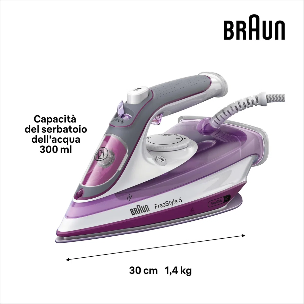 Braun TexStyle 5 SI5037VI, Ferro da Stiro con Piastra FreeGlide 3D SuperCeramic, Punta di Precisione, Manico Aperto Ergonomico, Ricarica 300ml, Efficienza Energetica, Sistema Antigoccia, 2700W, Viola