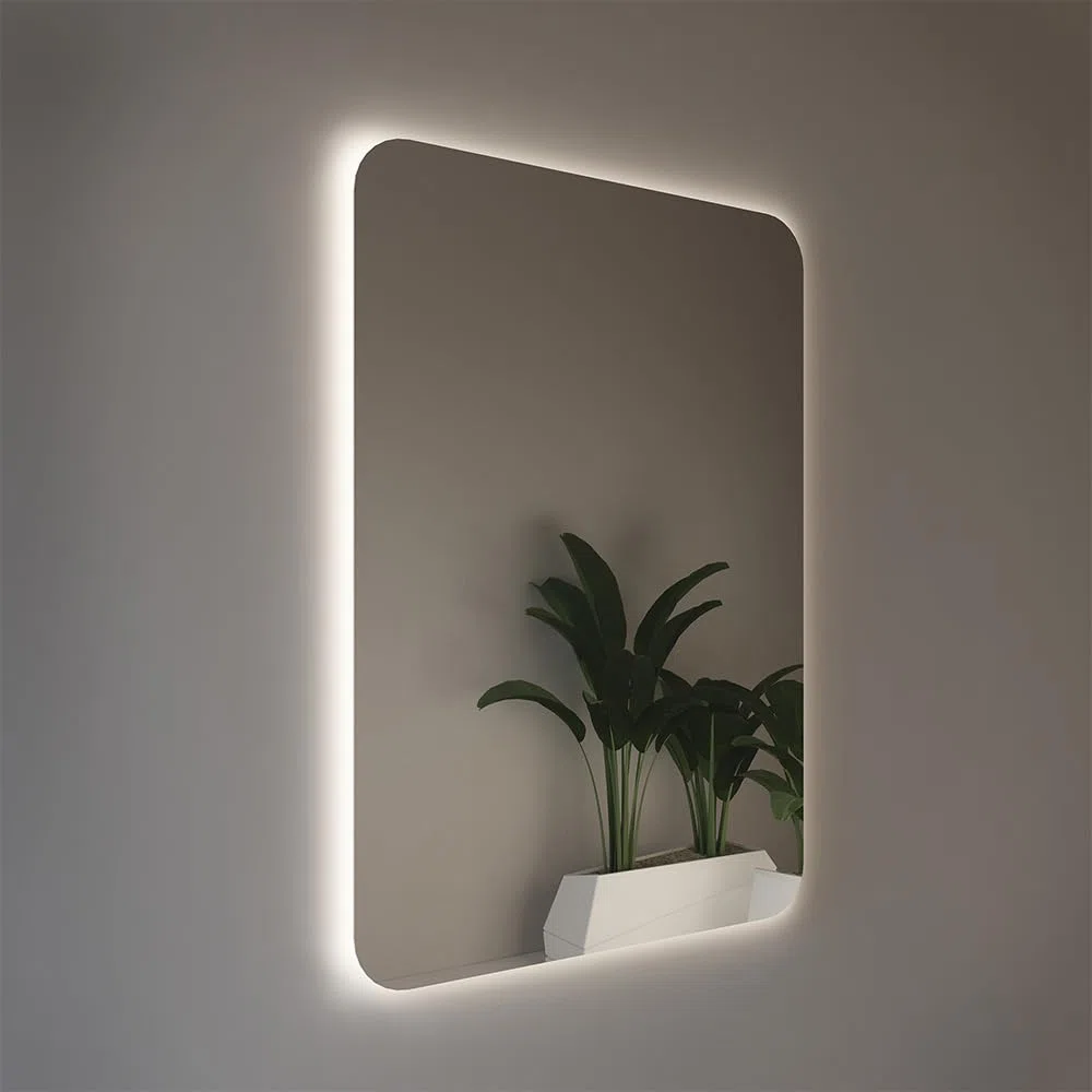 Inbagno Specchio LED 70x80 illuminazione perimetrale e angoli raggiati, a filo lucido con installazione reversibile